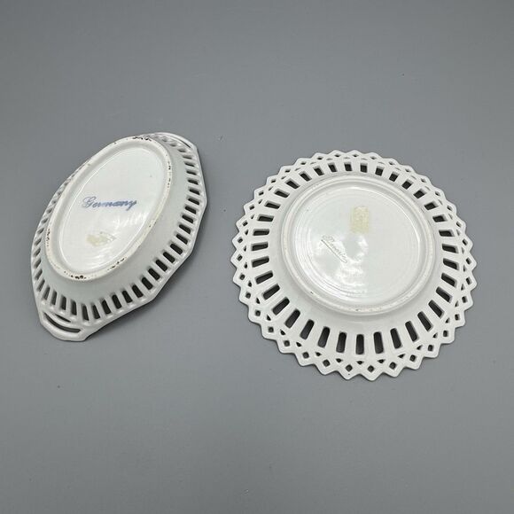 Vtg Pair German Porcelain Reticulated Courting Couple Trinket Dishes Bavaria - Picture 2 of 8